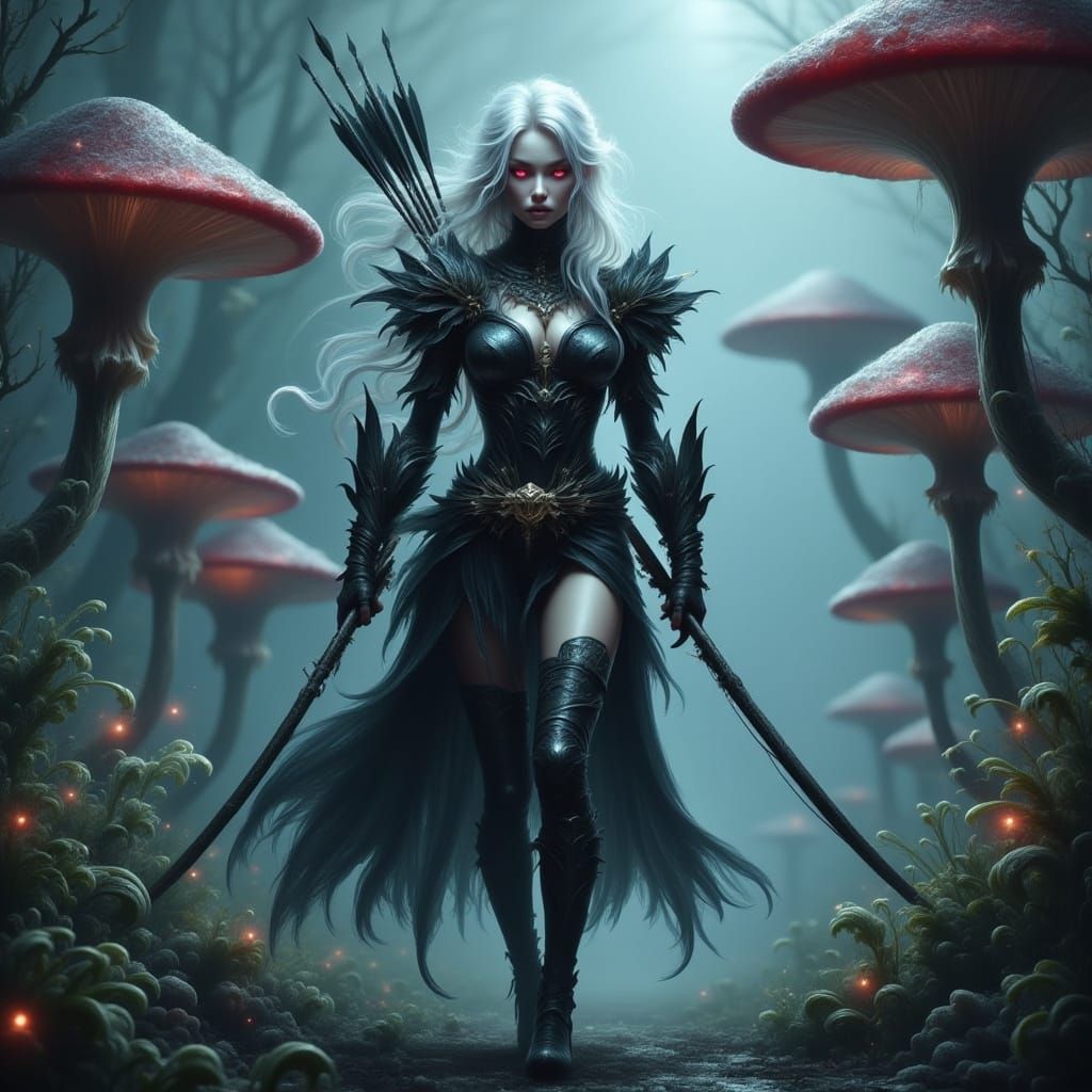 Albino Drow Hunter in Bioluminescent Forest