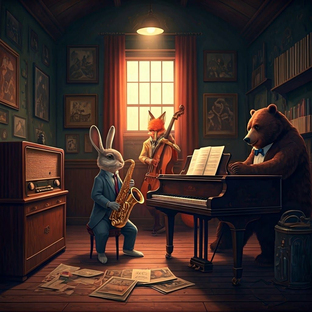 Forest Animals Play Jazz in Smokey 1940s Club