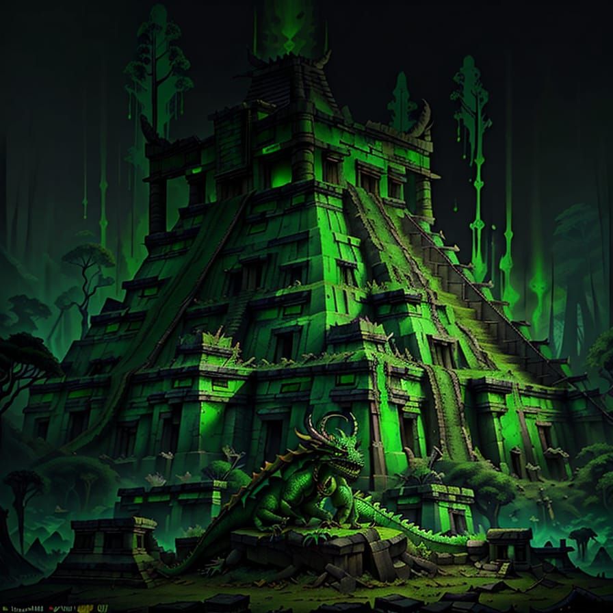Surreal Green Forest Dragon in Vibrant Jungle Temple Setting