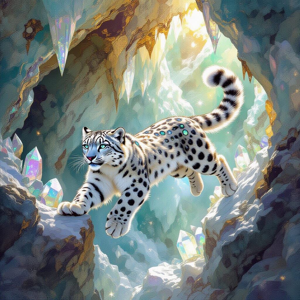 Opal Leopard Leaps Through Crystal Cave, Digital Art