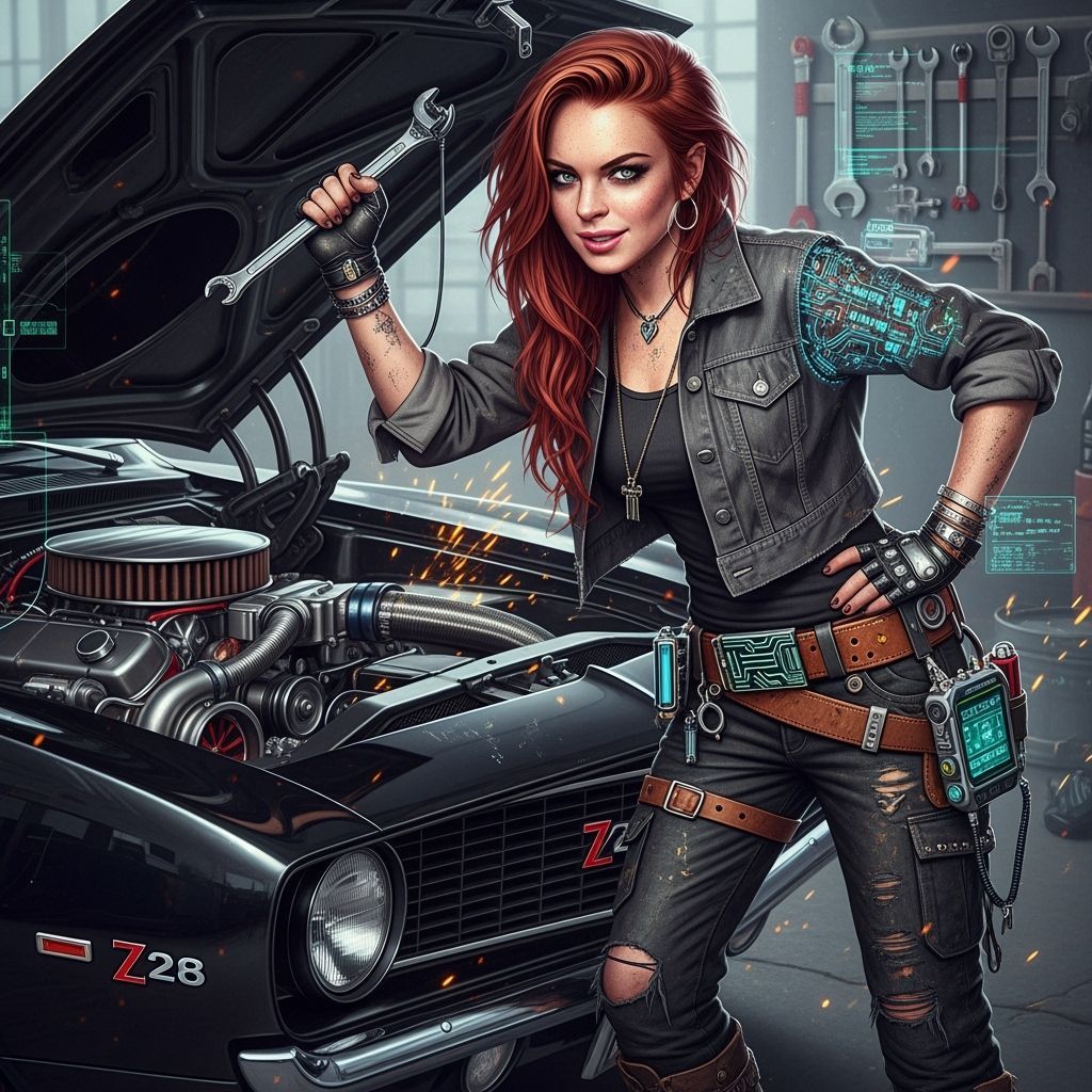 Spunky Redhead Mechanic Working on a Classic Camaro