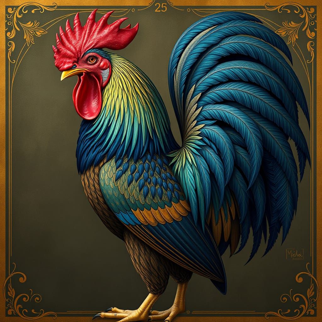 Majestic Gold and Indigo Rooster in Art Nouveau Style