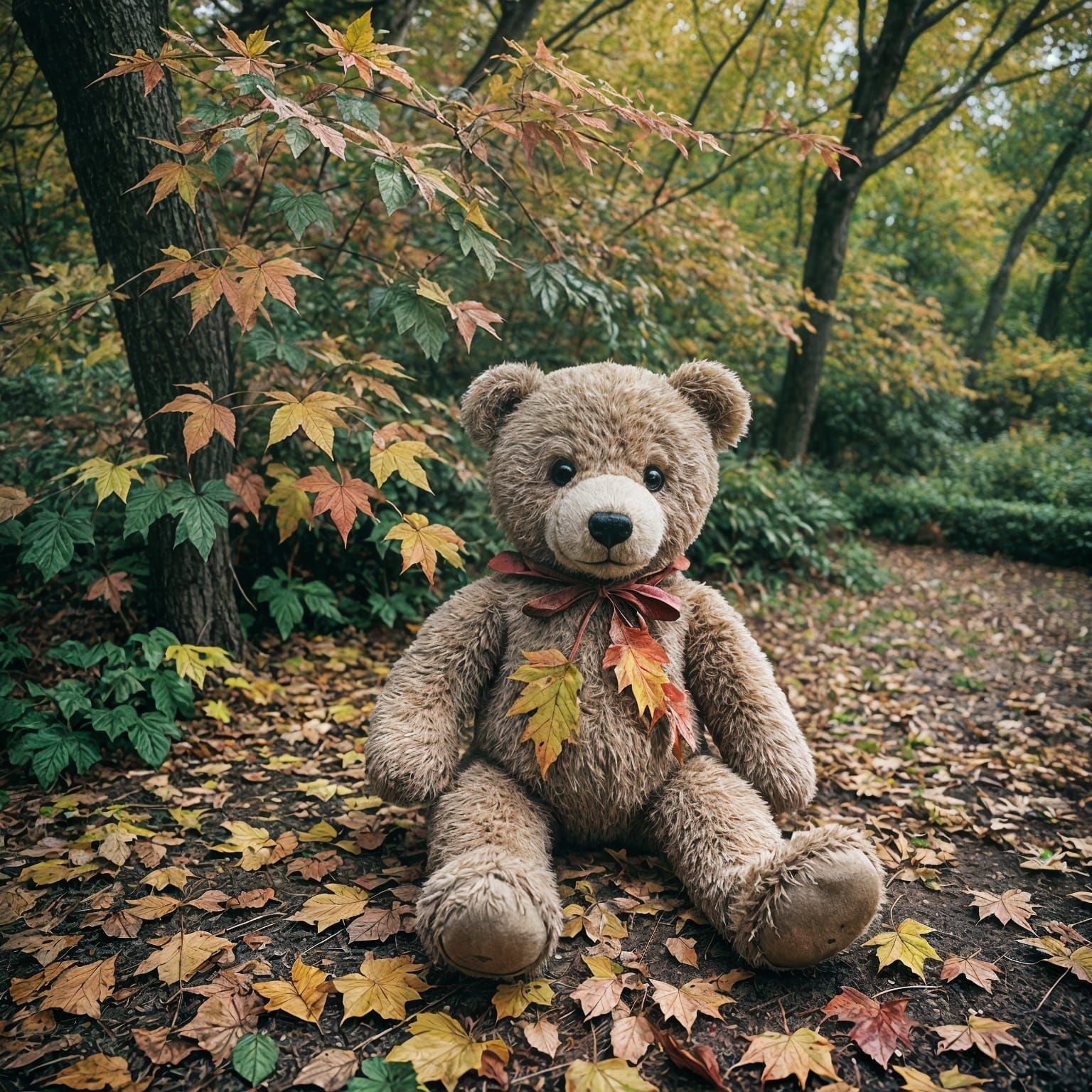 Lost Teddy Bear in Autumn Garden