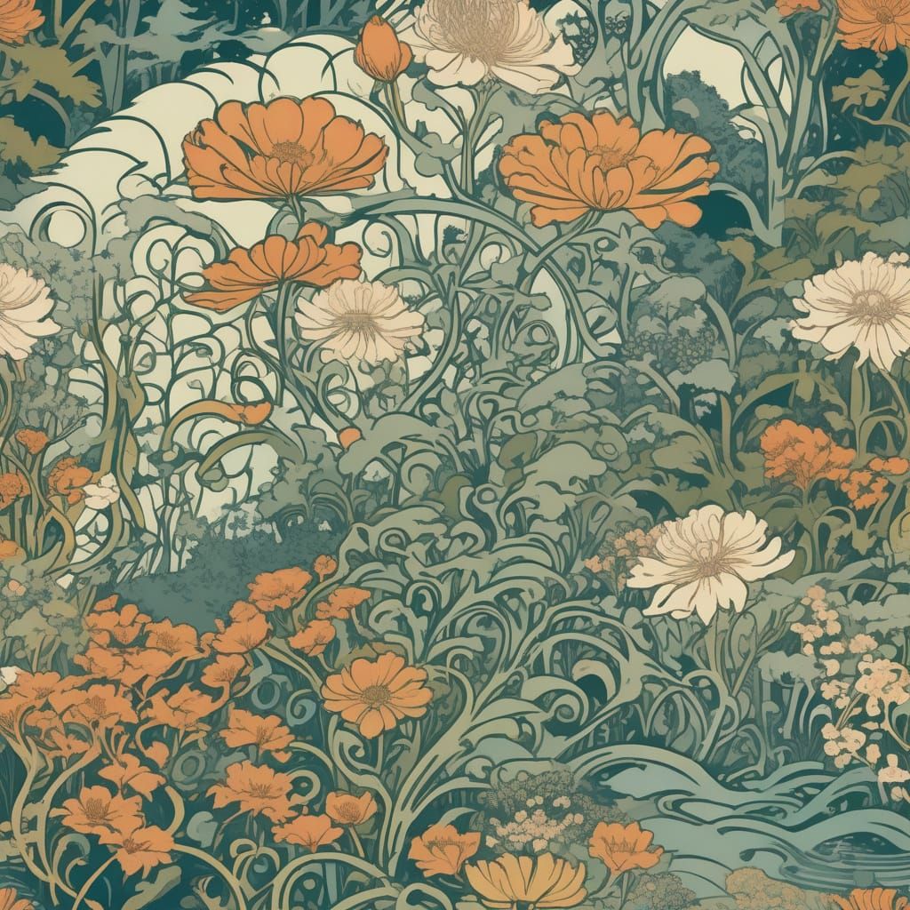 Art Nouveau Garden Illustration with Flowing Lines