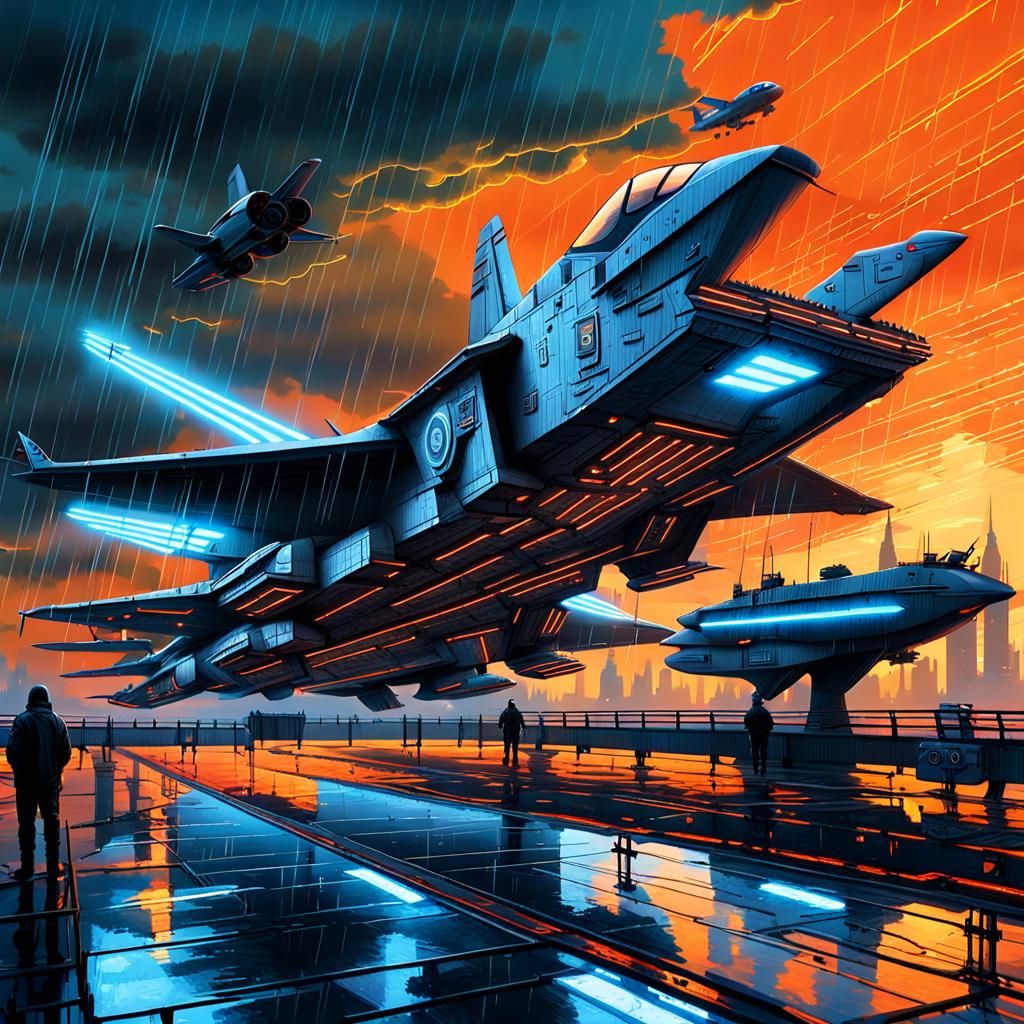 Cyberpunk Aircraft Carrier Launches at Dusk