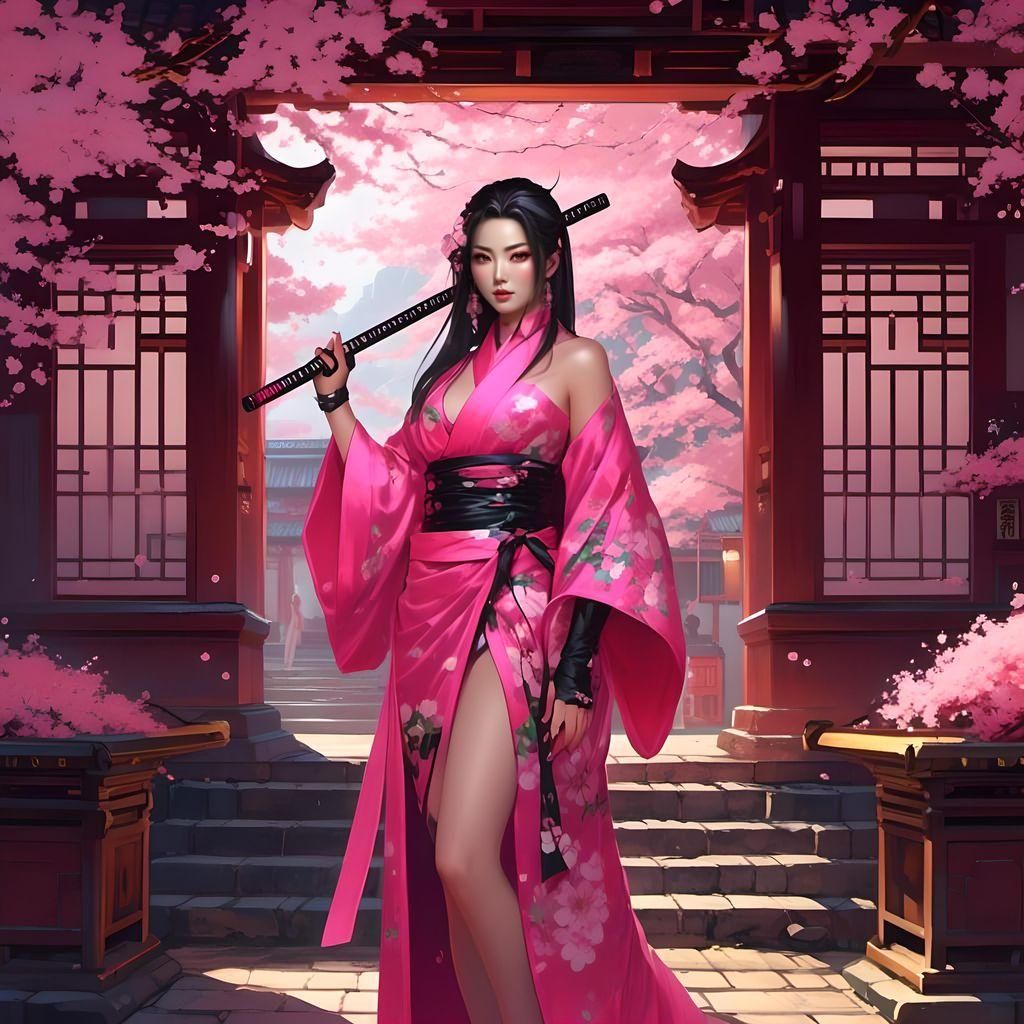 Anime Samurai Girl with Sword and Cherry Blossoms