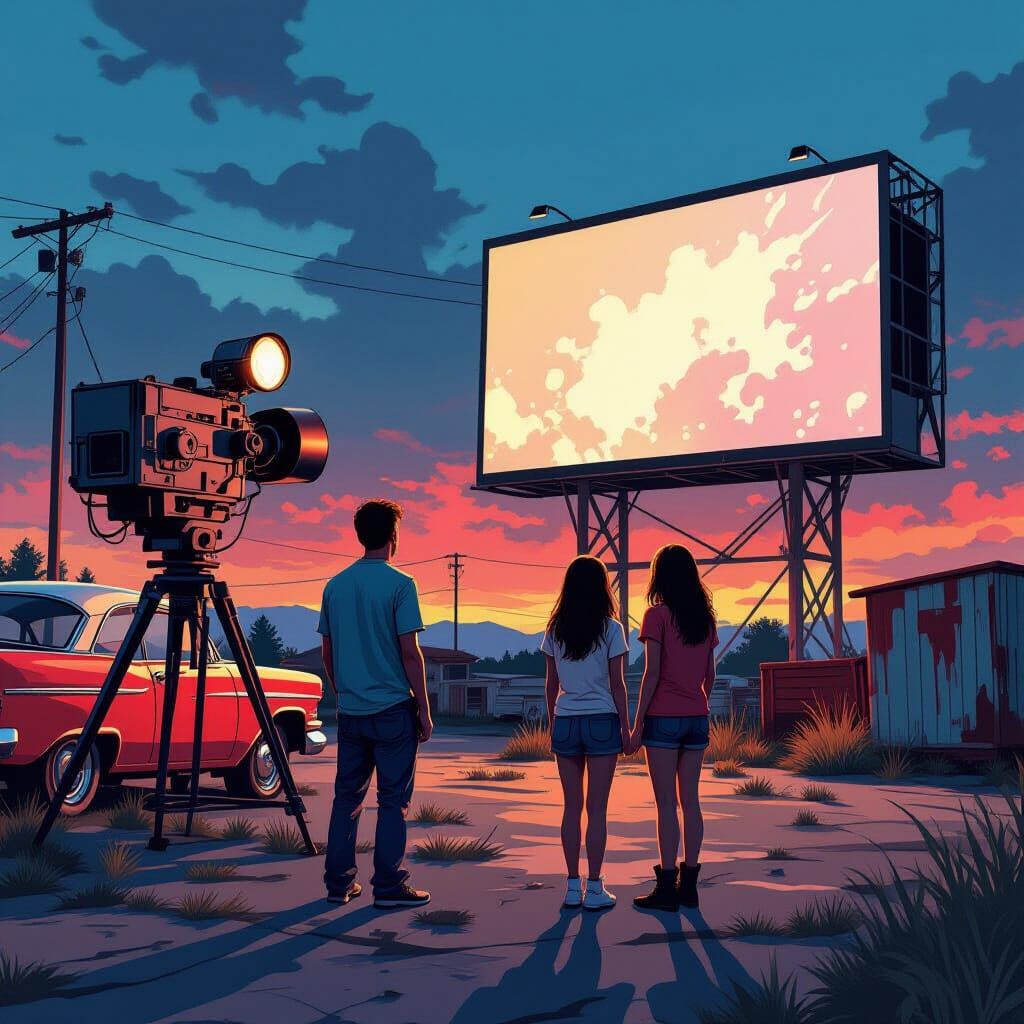 Junkyard Drive-In Movie Scene with Dramatic Lighting