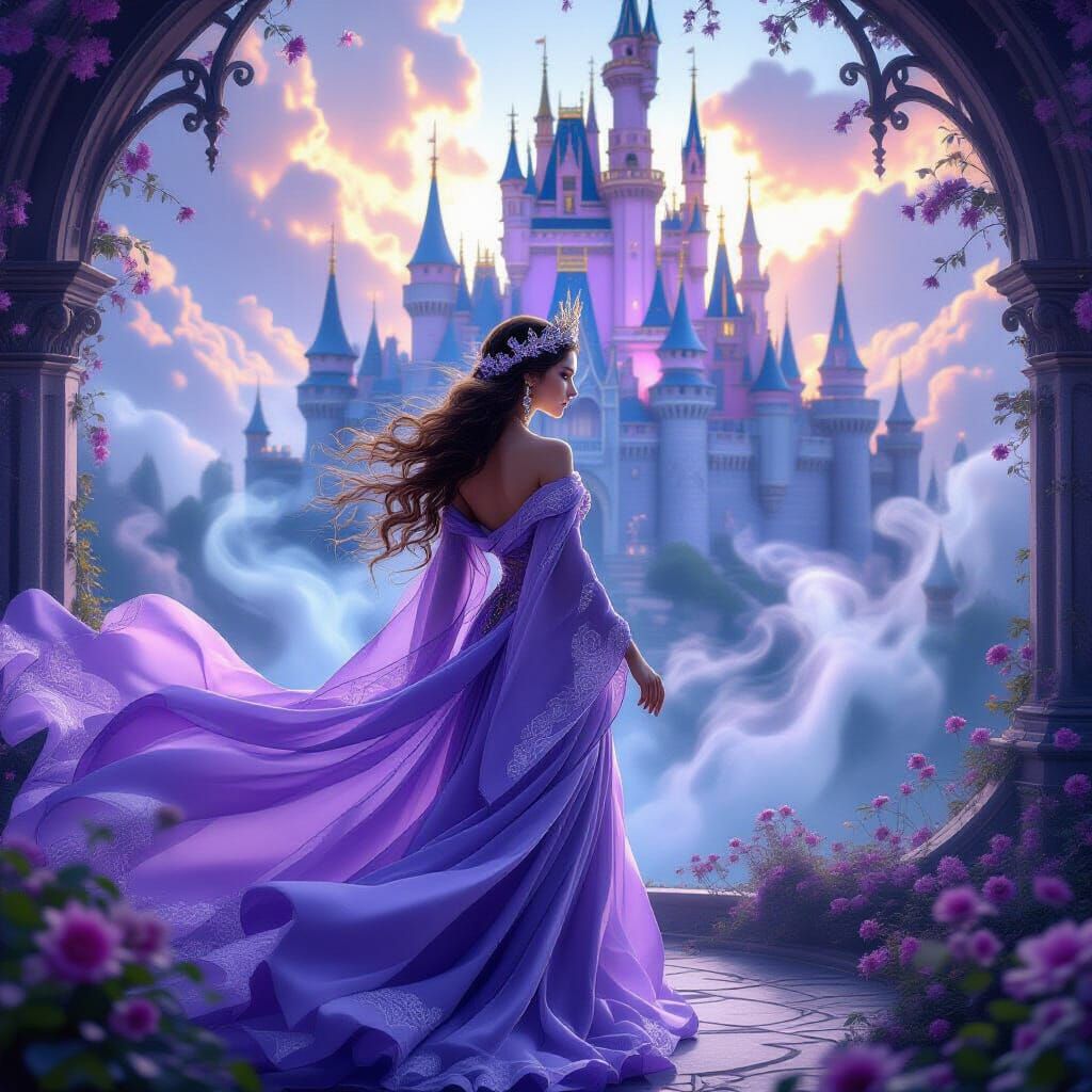 Fairy Queen in Silk Robe with Purple Castle