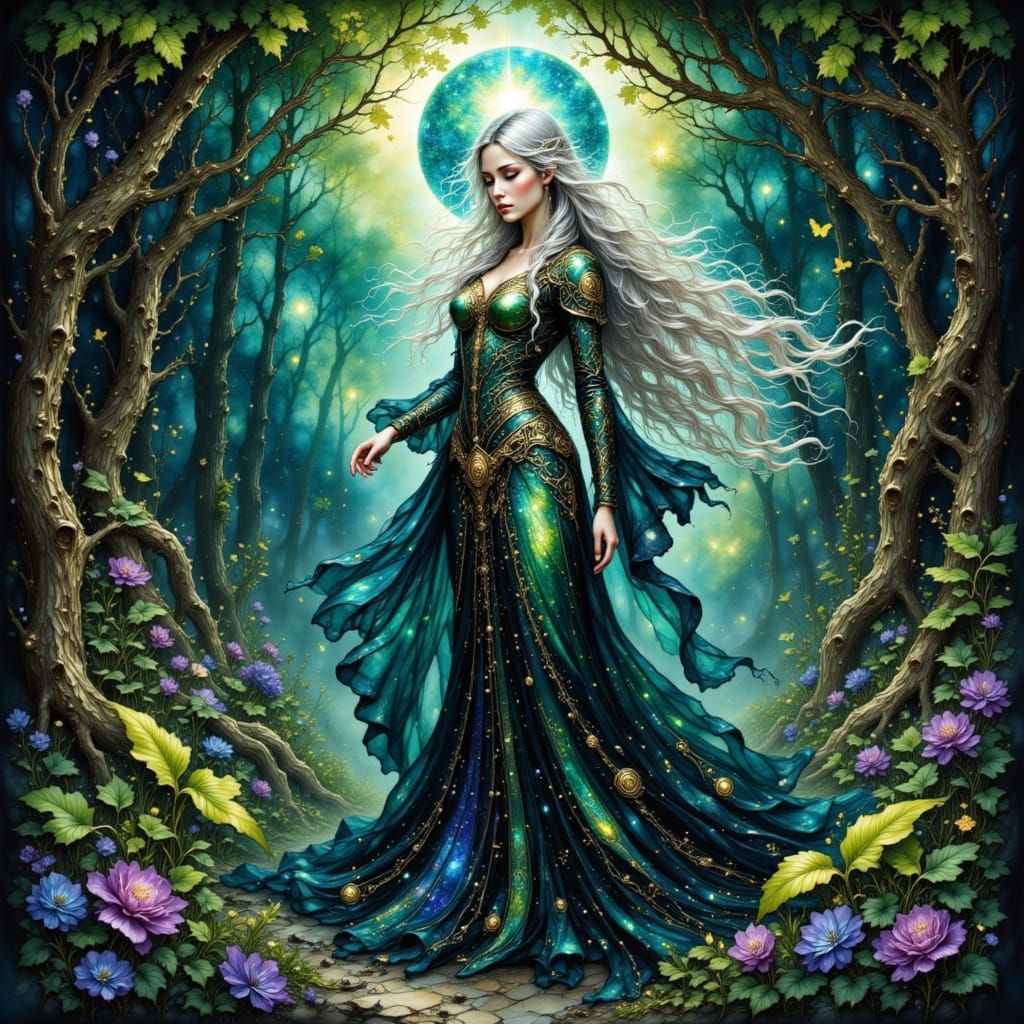 Mystical Sorceress in Bioluminescent Grove, Art Nouveau Styl...