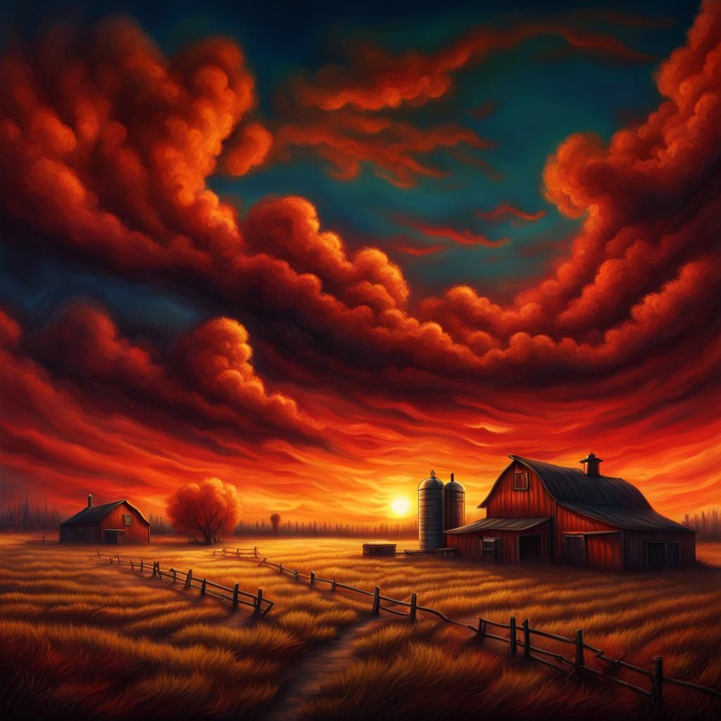 Dystopian Farm Under Fiery Sky: Airbrush Art