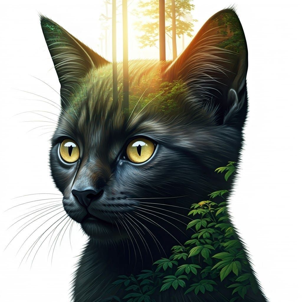 Double Exposure Kitten and Forest Artwork
