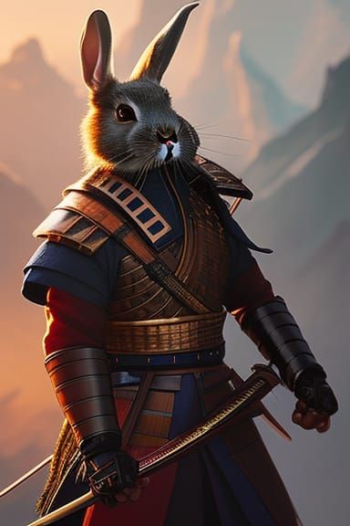 Rabbit Samurai Portrait in Anime Style