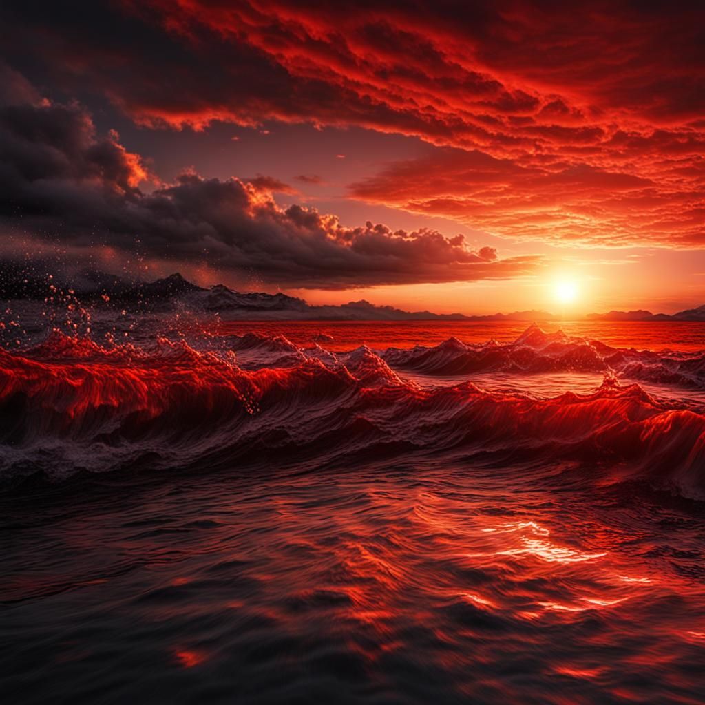 Hyperrealistic Red Sun Sunrise Over Water