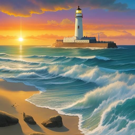 Beach Sunset with Surrealist Elements, Oil on Canvas