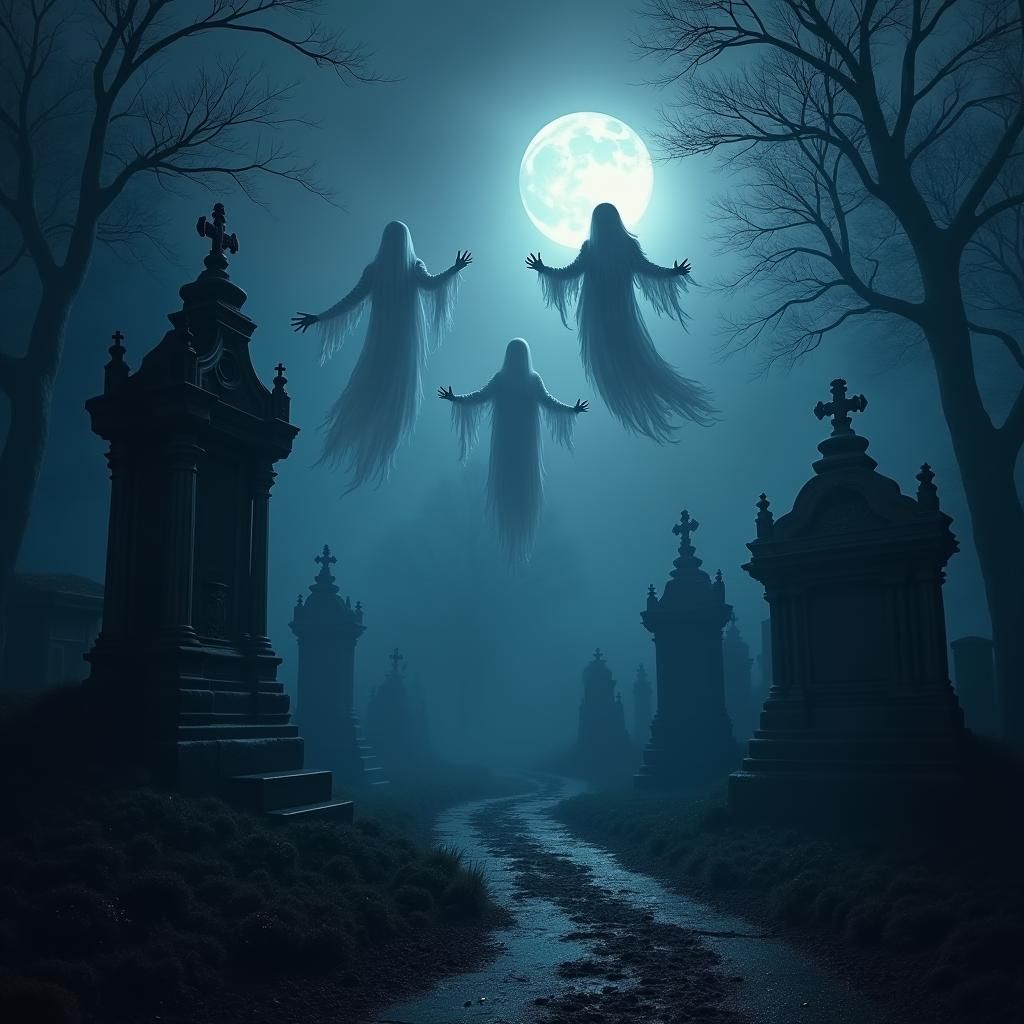 Ethereal Ghosts in a Misty Gothic Cemetery