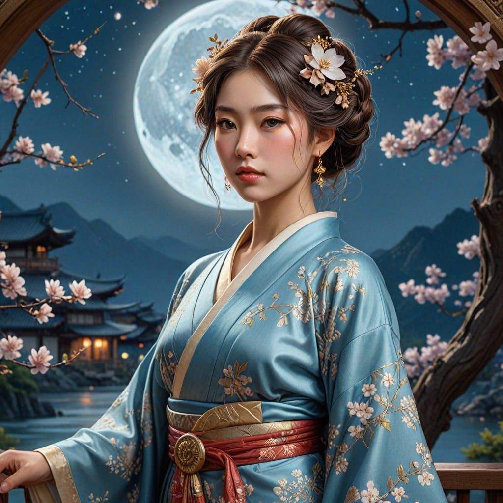 Elegantly Dressed Woman Under Full Moon