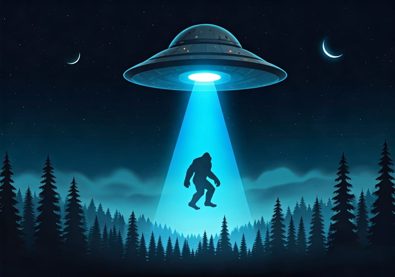 Retro Sci-Fi Spaceship Captures Bigfoot in Forest