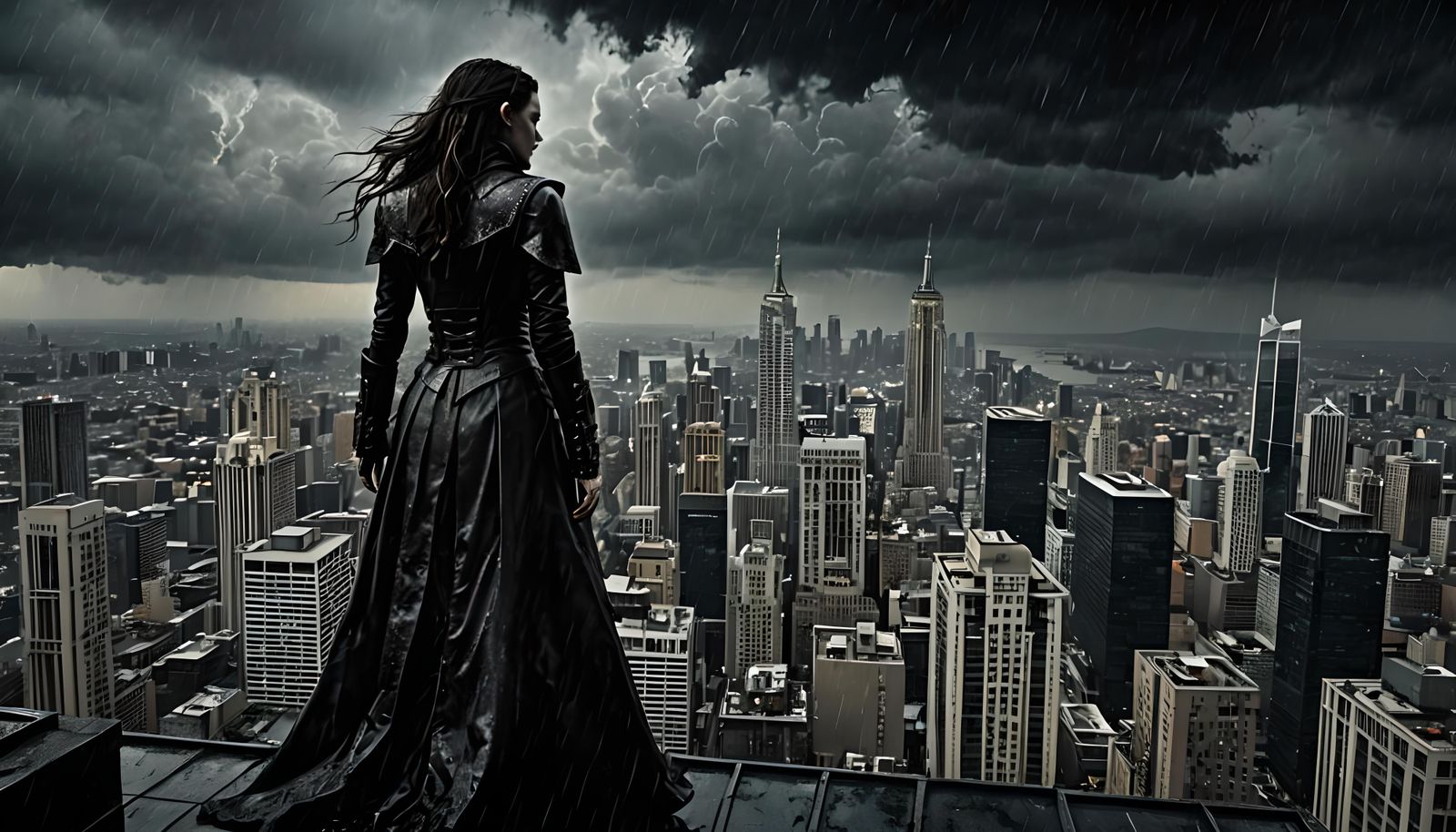 Vampire Death Dealer in Rainy, Atmospheric Cityscape