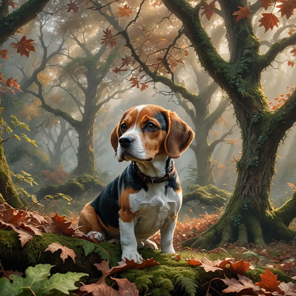 Beagle Dog in Ethereal Autumnal Forest Landscape