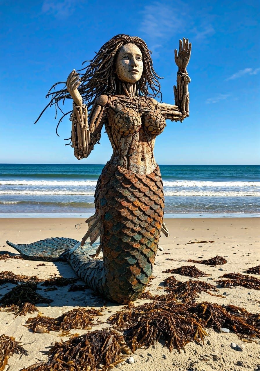 Eco-Art Sculpture of Mermaid from Ocean Trash