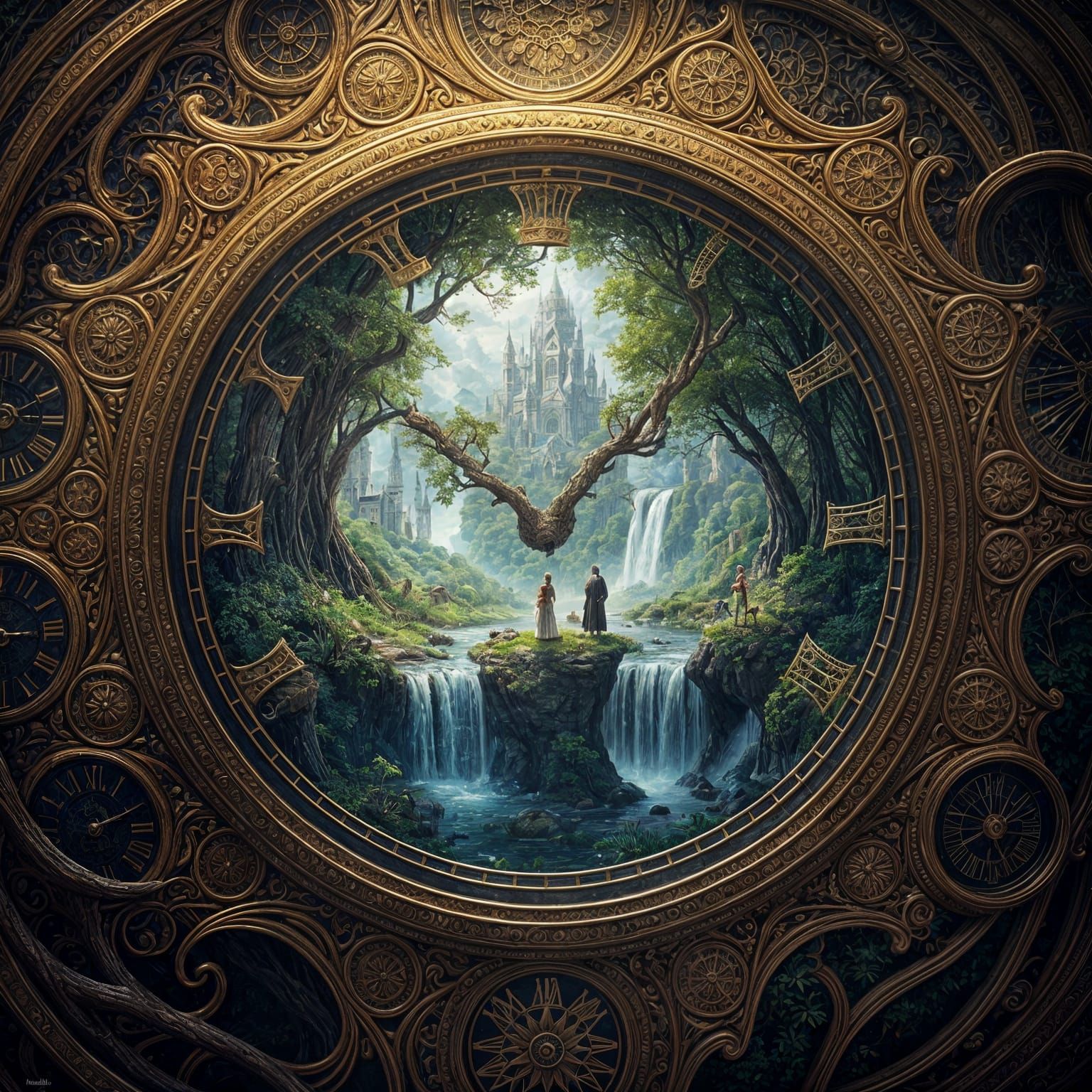 Timeless Fantasy Clock in a Lush, Enchanted Landscape