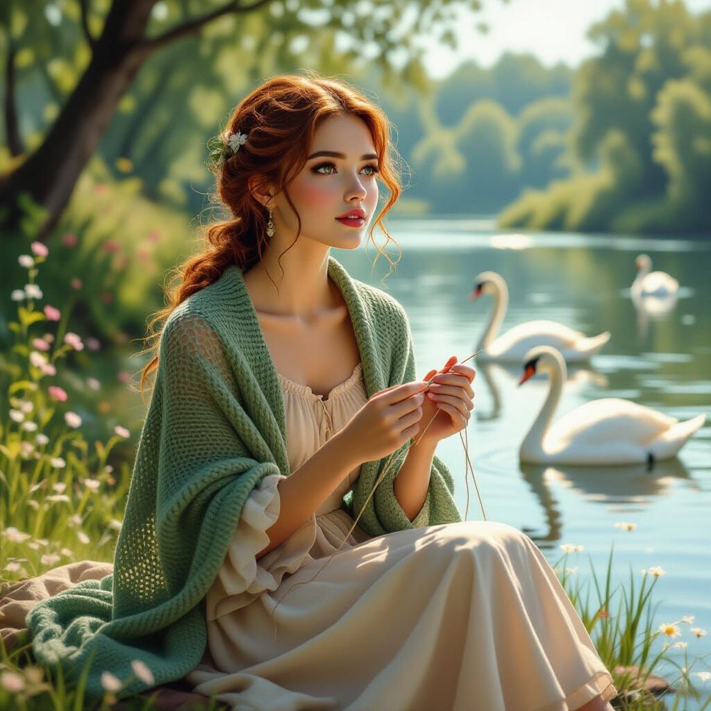 Young Woman Knitting by River: Hyperrealistic Art