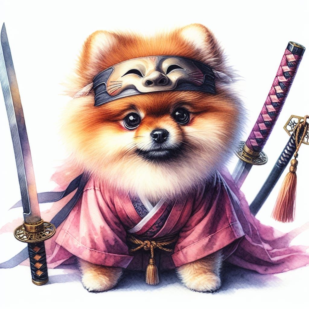 Pomeranian Warrior in Watercolor with Hanbok Mask