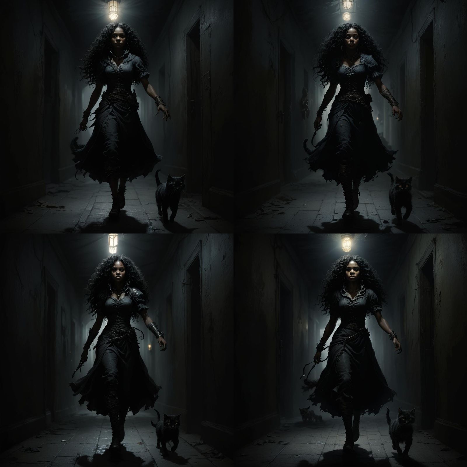 Dark Fantasy Woman Runs with Kitten in Creepy Abandoned Hall...