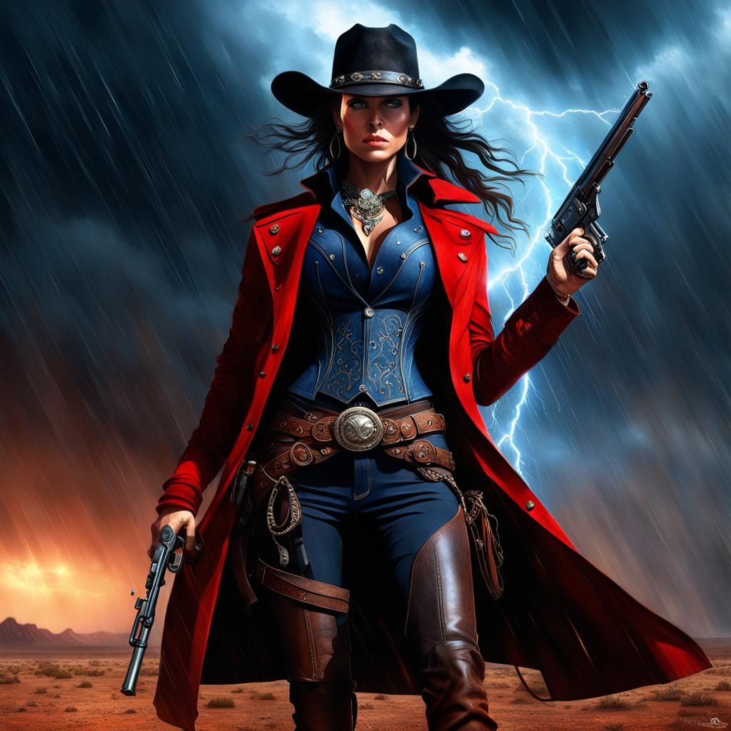 Cowgirl Outlaw in Desert Rain Digital Painting