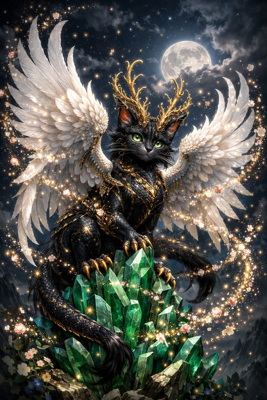 Majestic Dragon-Cat Hybrid with Pearly Wings on Crystal