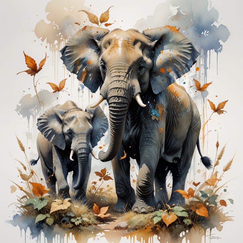 Elegant Watercolor Elephants on the Savannah