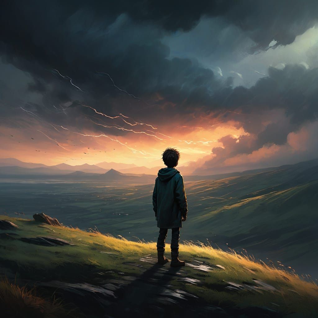 Young Boy Gazing at Horizon in Dramatic Digital Painting