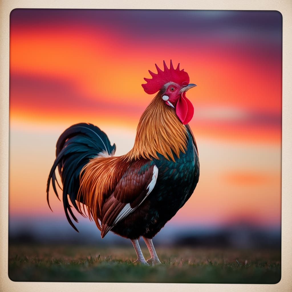 Majestic Cockerel Crowing at Dawn: A Vibrant Photograph