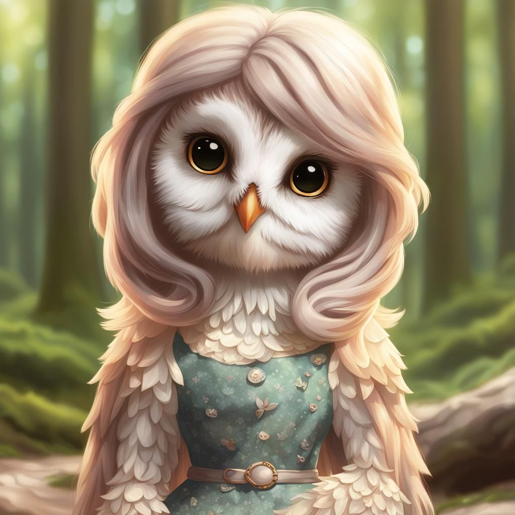 Anthropomorphic Owl Girl in Cute Forest Scene