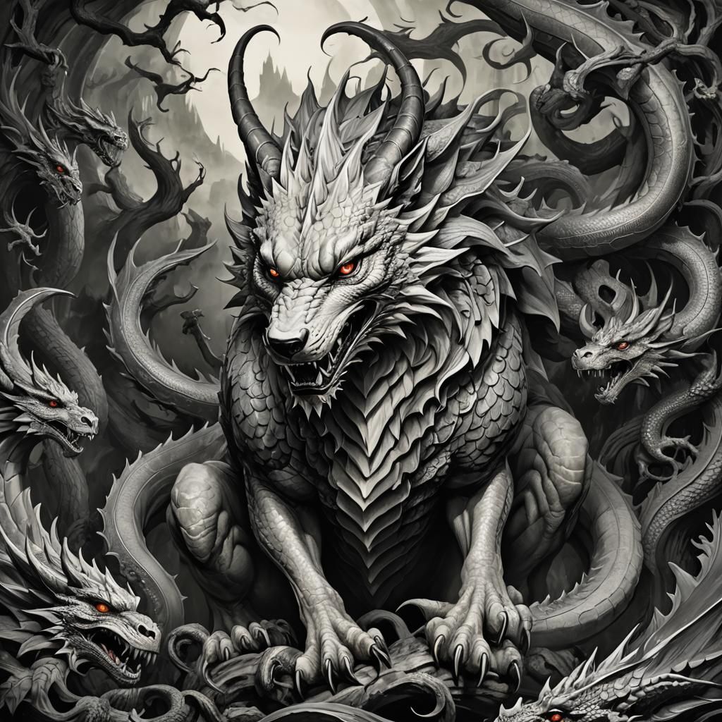 Dragon-Headed Chimera with Octopus Tentacles in Manga Style