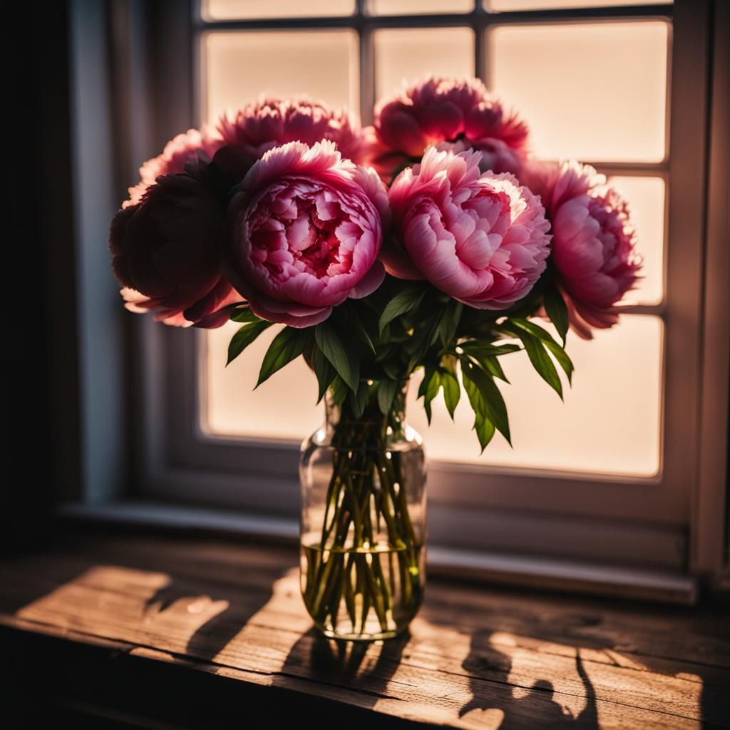 Peonies Bouquet on Wood Table at Dusk