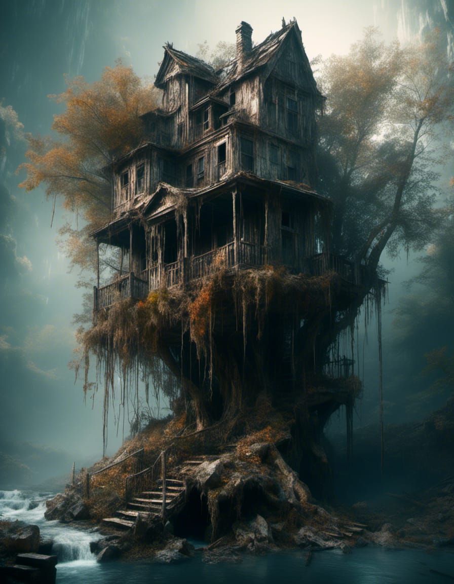 Detailed Treehouse on Waterfall in Macabre Style