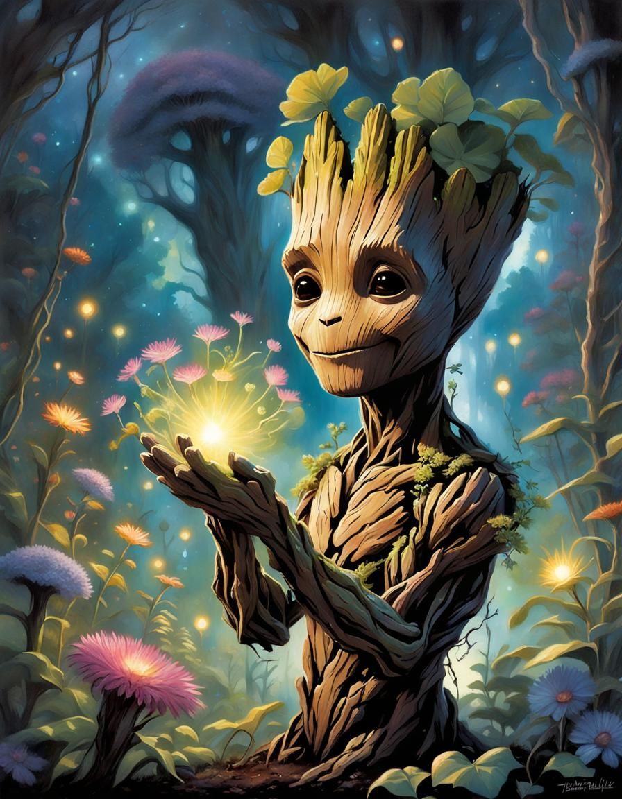 Groot's Bioluminescent Garden: A Dreamlike Oil Painting