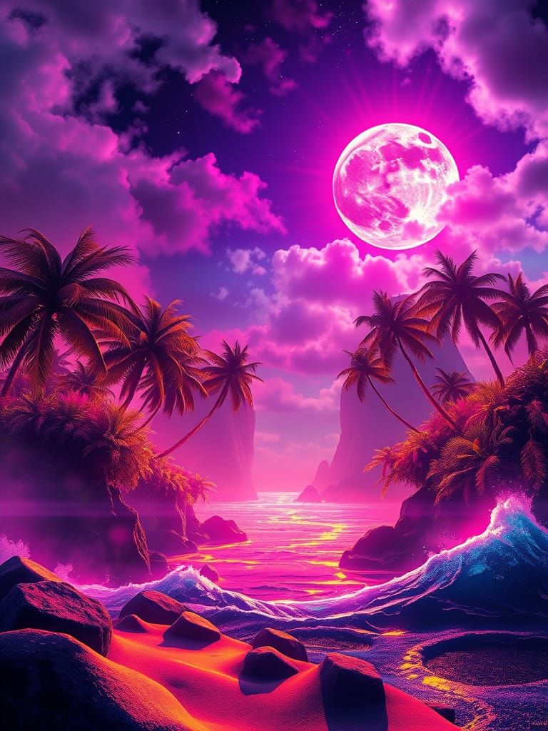 Exotic Island Nightscape with Giant Flowers