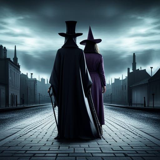 Plague Doctors and Witch in Noir Street: Detailed Matte Pain...
