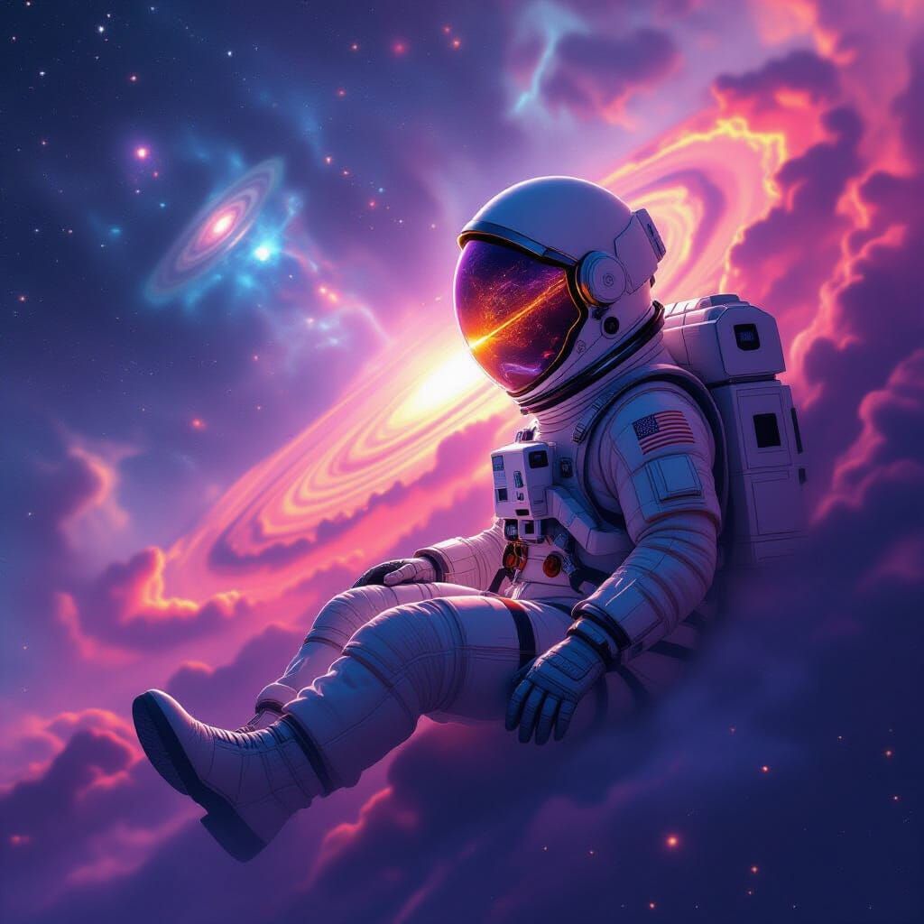 Astronaut and Sentient Helmet in Cosmic Nebula Matte Paintin...