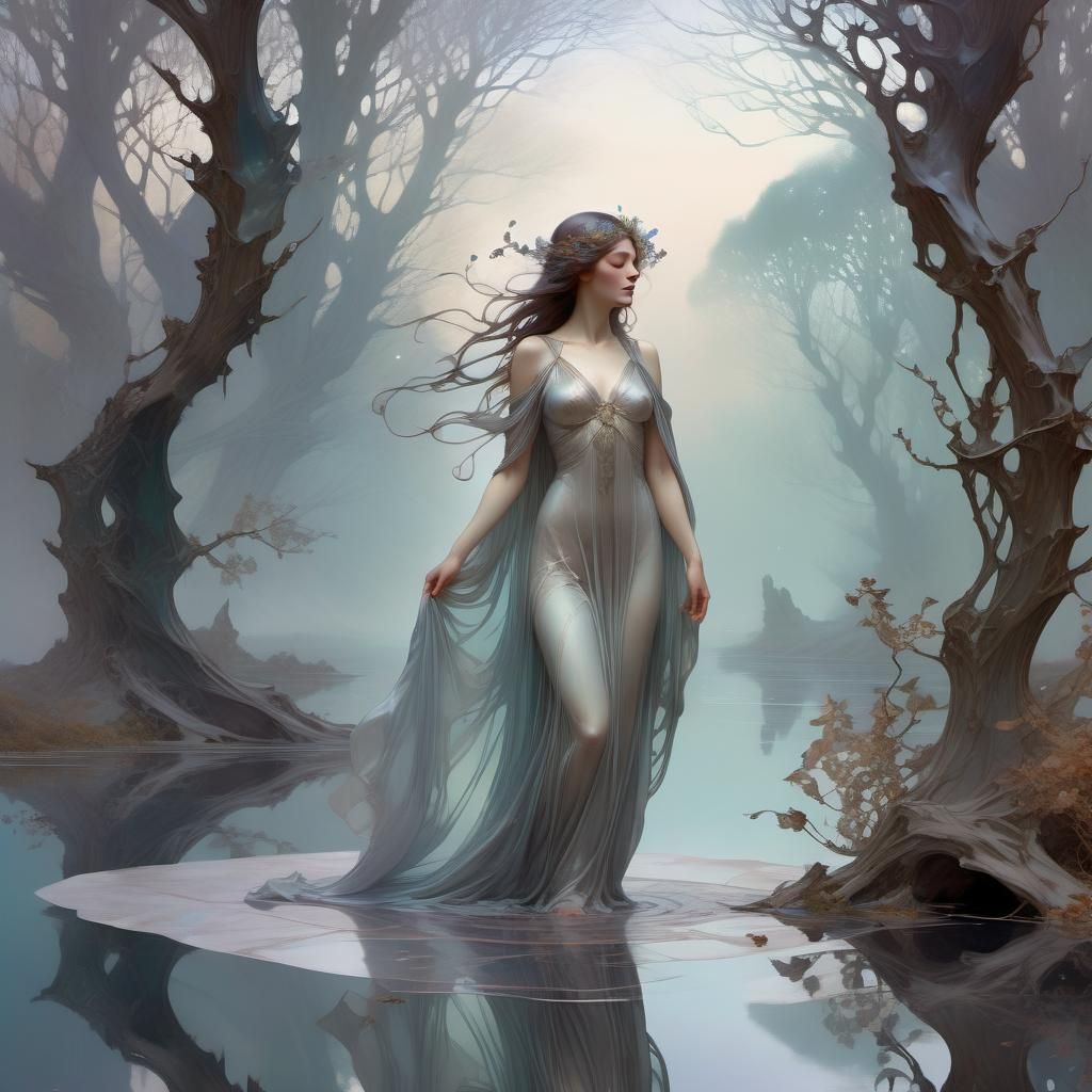 Ethereal Woman in Shattered Landscape, Art Nouveau Style