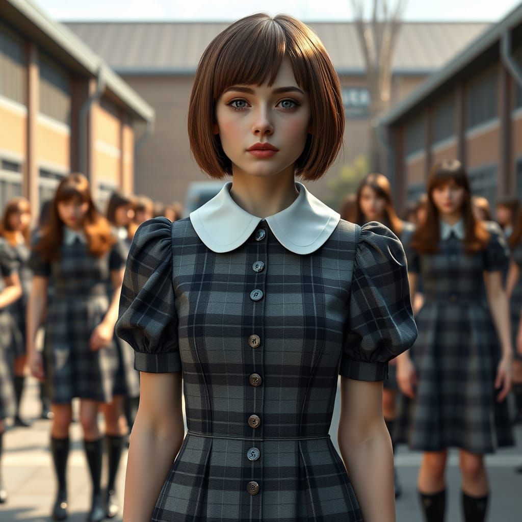 Young Crossdresser in Tartan Dress Amidst Futuristic Crowd