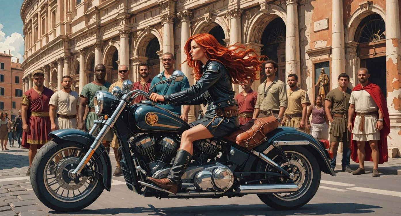Roman Woman Rides Motorcycle Through Ancient Rome in Canalet...