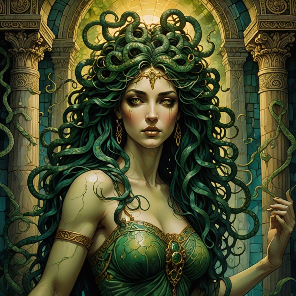 Medusa in Ancient Greek Temple, Vibrant Greens and Serpents