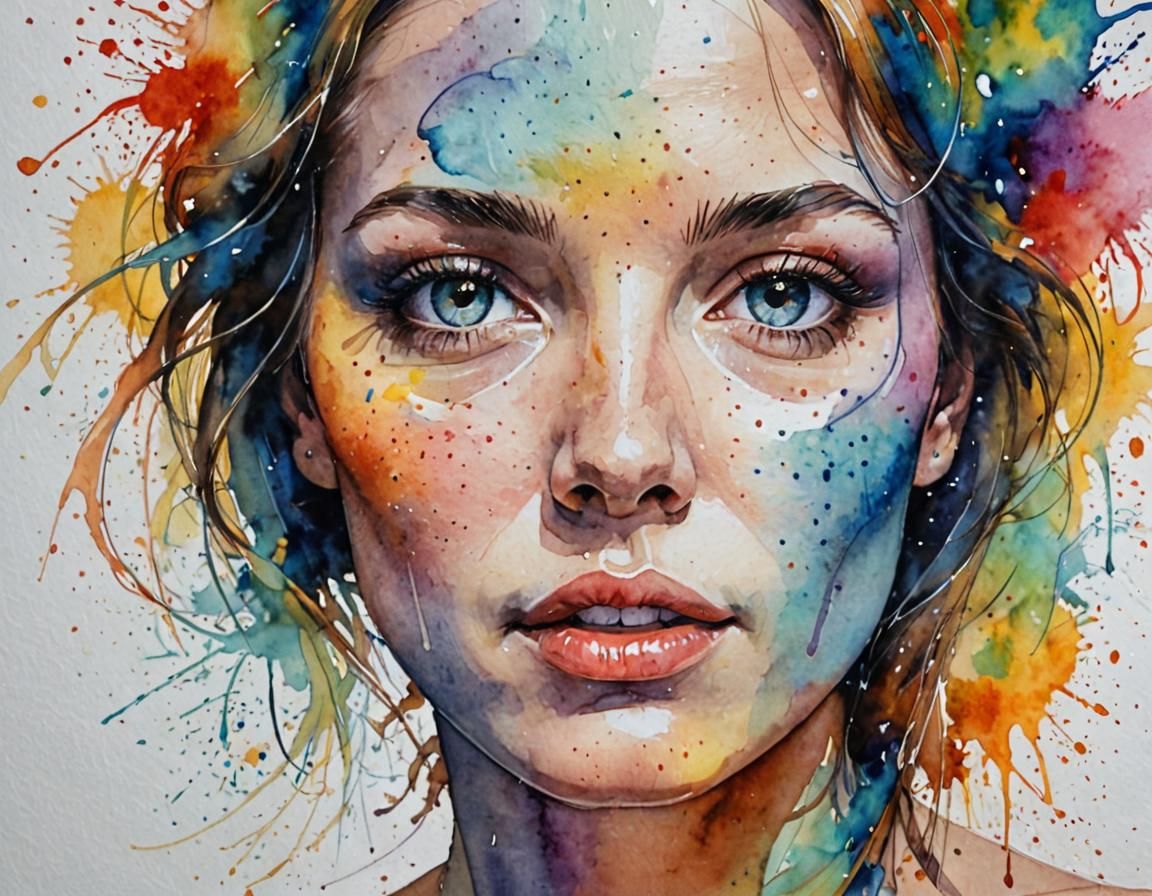 Abstract Expressionist Watercolor Portrait Close-up