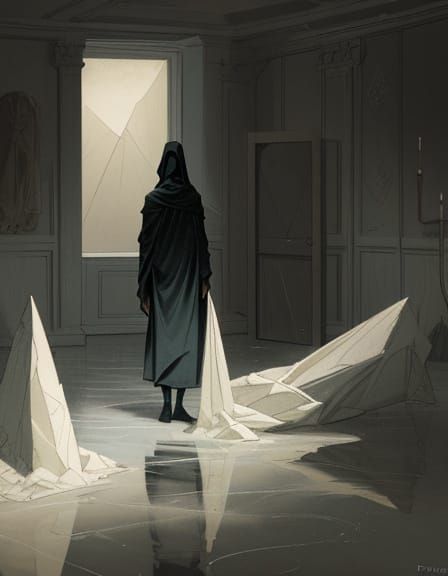 Lone Figure in Liminal Space with Cold Puddle