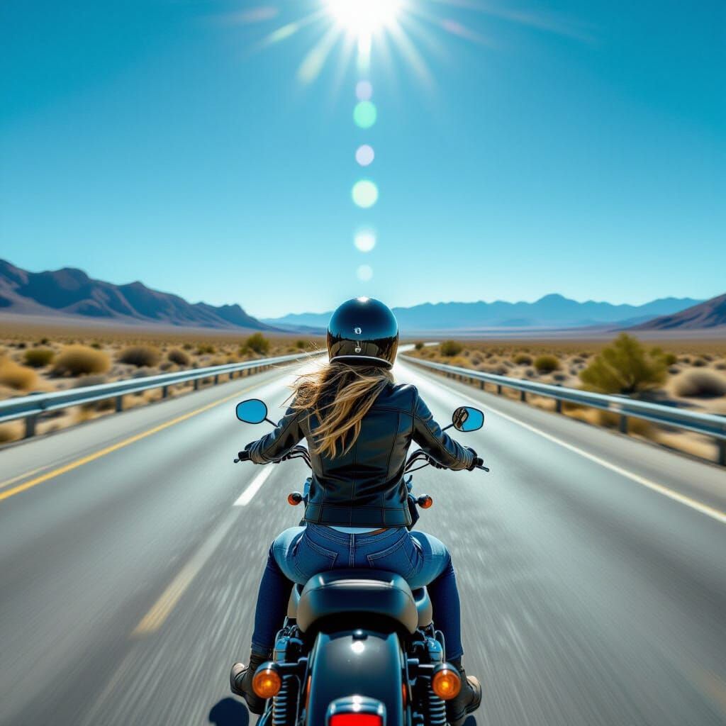 Woman Rides Vintage Motorcycle on Highway, Bird's-Eye View