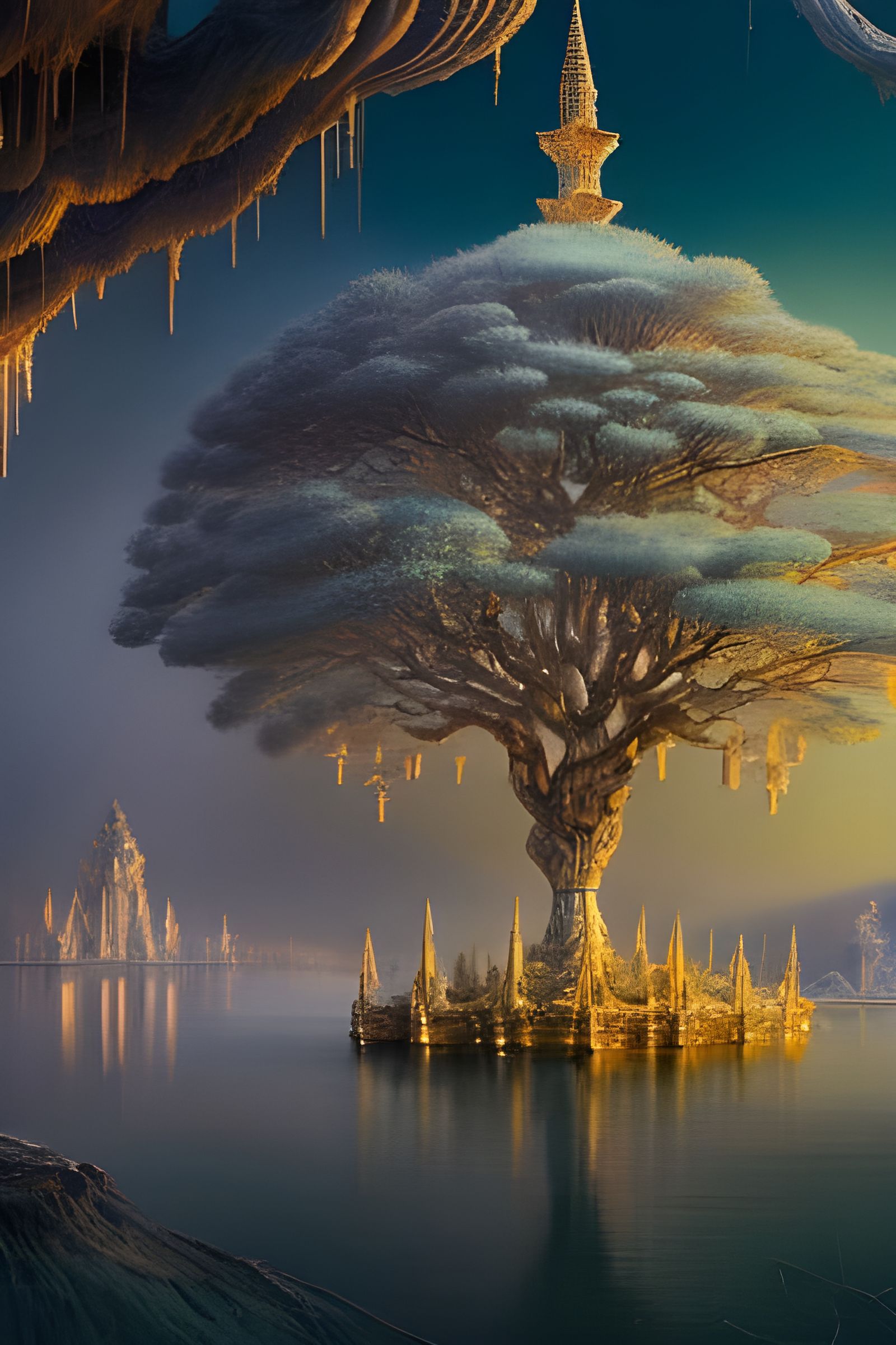 Bioluminescent Tree in Lake: Detailed Digital Art