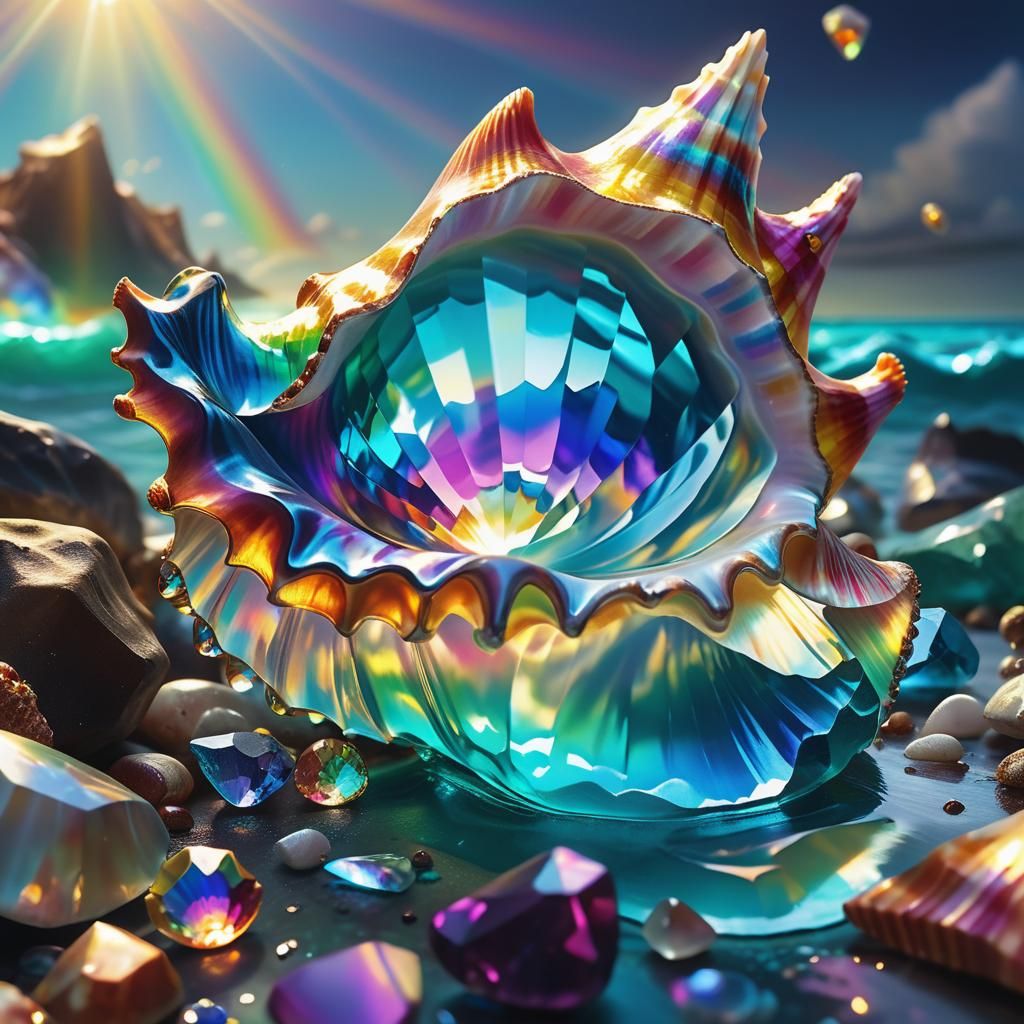 Rainbow Conch Plunges into Gemstone Sea: Oil Painting